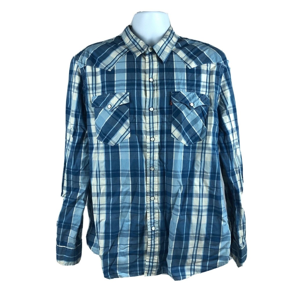 Levis Modern Pearl Snap‎ Shirt Size XXL Blue Plaid Short Sleeve Western Cowboy